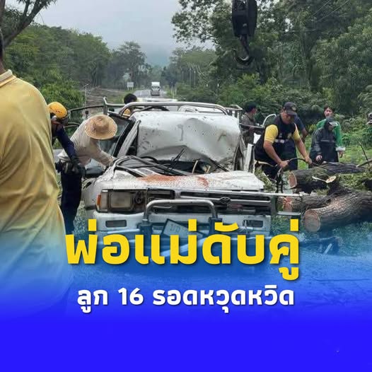 สลดใจ ผัวเมียดับคาซากรถ ลูก 16 รอดหวุดหวิด หลังต้นไม้โค่นทับรถ